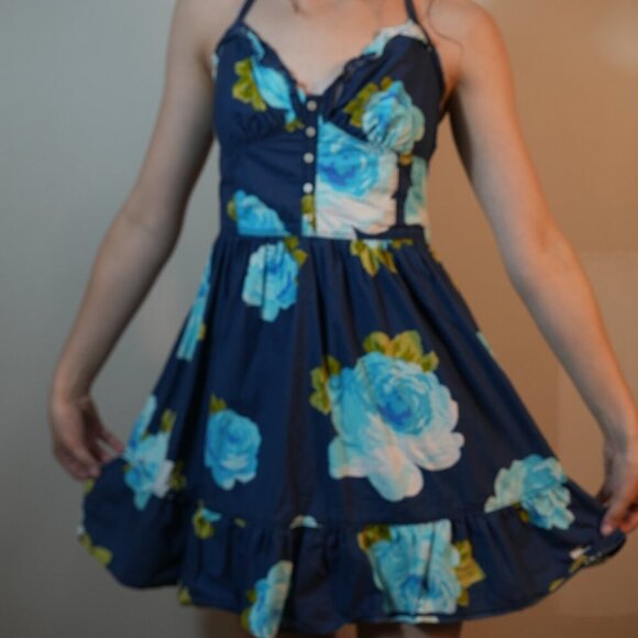 Babydoll Navy Blue Floral Halter Mini Sundress with Button Front & Tiered Skirt - Picture 2 of 3